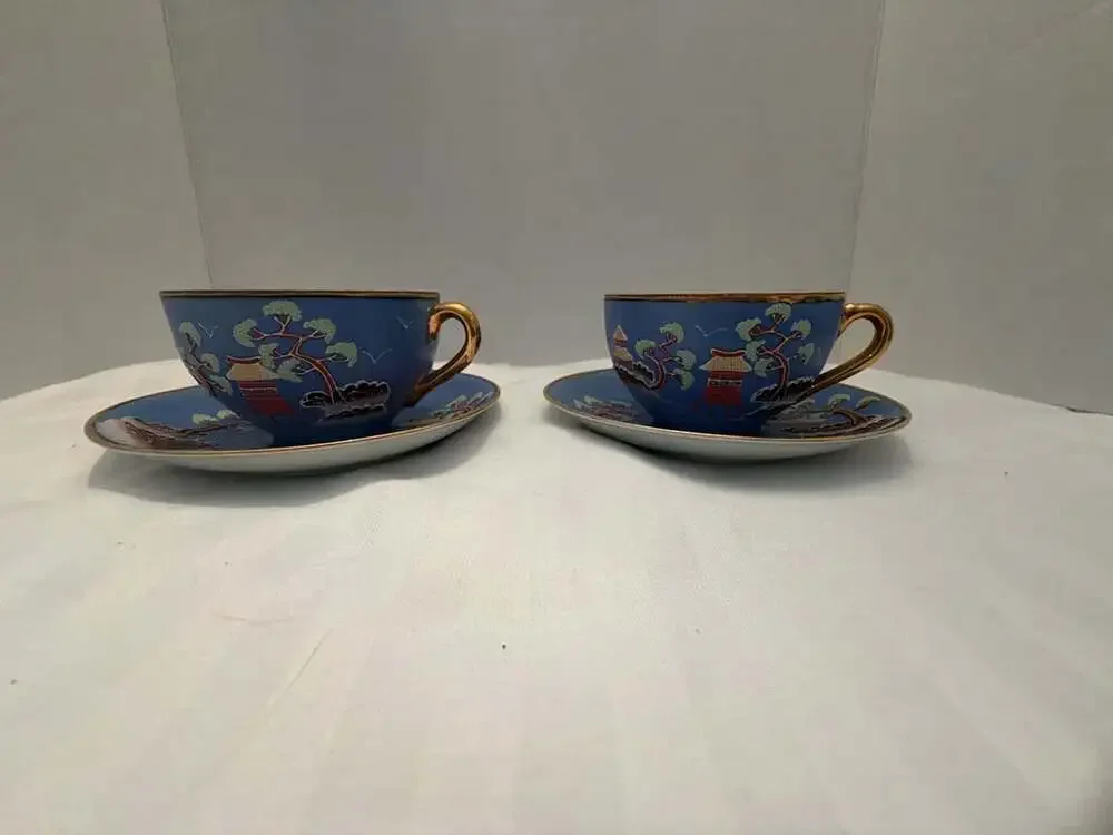 Hinode Cup & Saucer Set Blue Japanese Pagoda Moriage